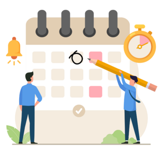 Two people marking and circling a large calendar.