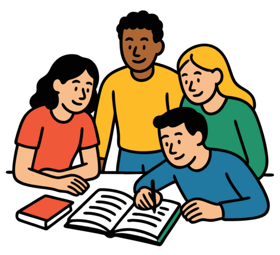 a group of 4 friends sitting around an open book working together.