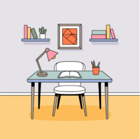 A study area with a desk, chair and bookshelves.