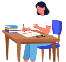 A girl sitting at her desk, writing down notes off another page.