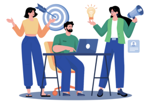 Three people working together on ideas and goals, one of them is typing on a laptop.