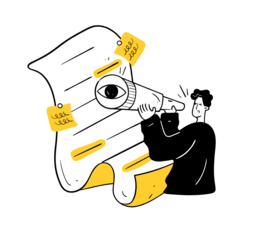 illustration of someone using a microscope to review a document.