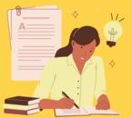 A student writing with a few booked piled beside her with a paper above that's written on it. on the other side there is a lightbulb/