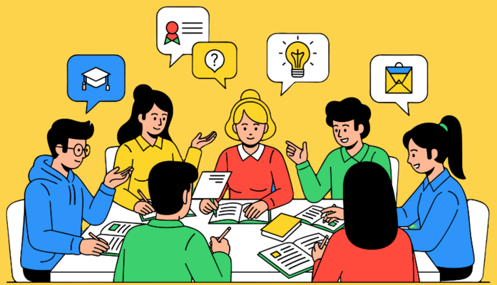 a group of students sitting on a table with books open discussing different things.
