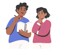 Two students connecting with class notes