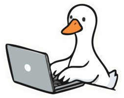 Cartoon goose on laptop