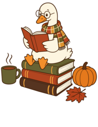 Cartoon goose on top a pile of books, reading