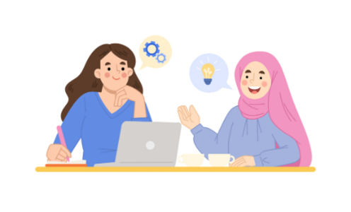 illustration of two students sharing ideas and mentoring one another.