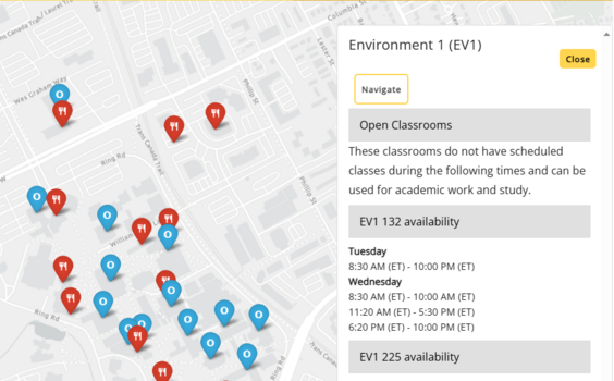 A screenshot of the Campus Map and Open Classrooms in Portal web
