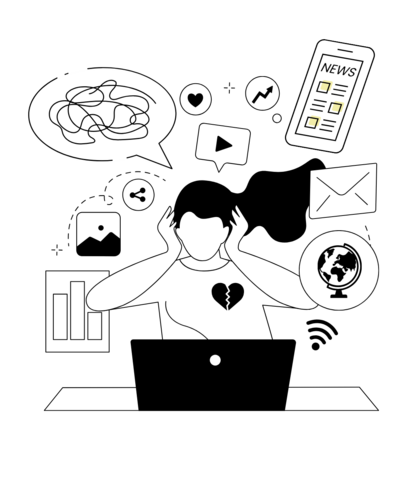 illustration depicting a student in front of a laptop showing signs of overwhelm from media coverage
