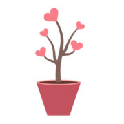 A pot of sticks that have hearts as the flowers. 