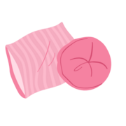 two pink pillows, one is a rectangluar pillow with stripes, and the other a circle pillow.