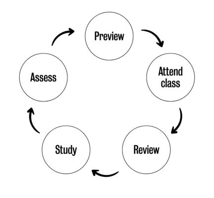 Cycle that reflects five study tips: Review-Attend Class-Review-Study-Assess