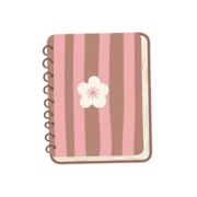 journal with pink and brown stripes and a flower in the middle.