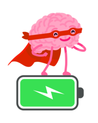 illustrated brain dressed as a superhero standing on a full battery symbol