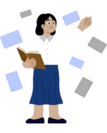 Woman standing holding a book and pointing to her right