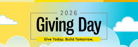 Colourful background with clouds with the words: UWaterloo Giving Day: Give today. build tomorrow