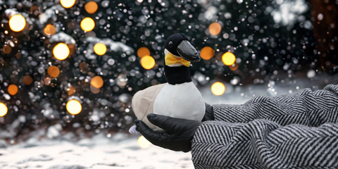 stuffed goose being held with festive background