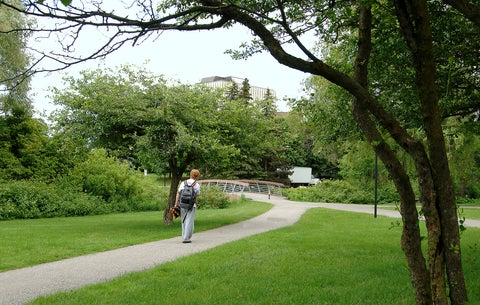 student walking to bridge