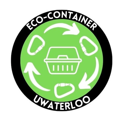 Eco container with green clips surrounding it to indicate re-use.