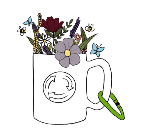 Image of a mug with a recycling symbol on it. Flowers and insects are coming out the top of the mug and there is a green clip attached to the mug handle.