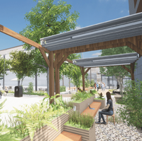 Visualization of a seating area surrounding by plants, with an overhead shade structure. 