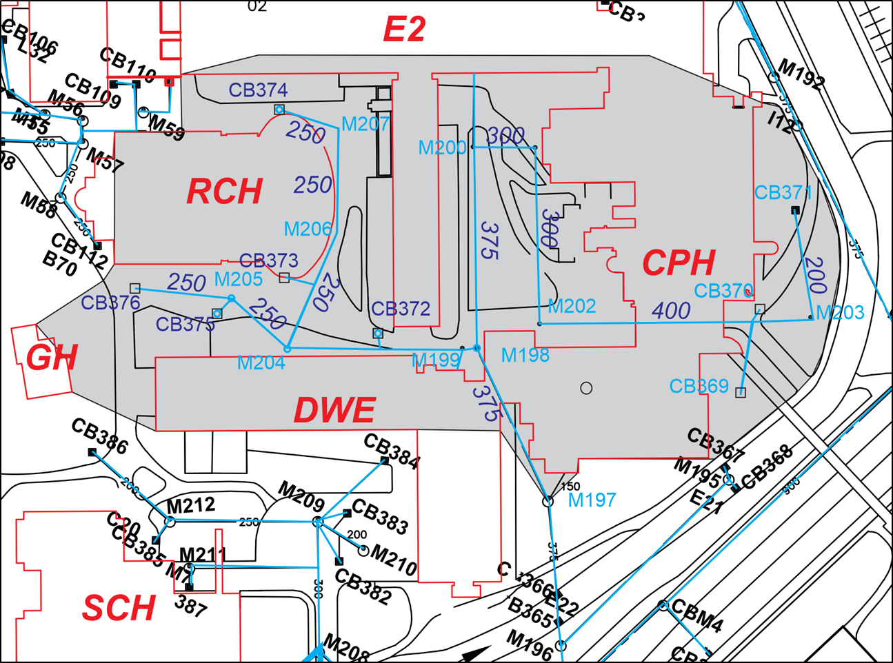 Schematic of information recorded in Campus SWM Master Plan for the area around E2, RCH, and CPH.  Grey shaded area is the approximate drainage basin.