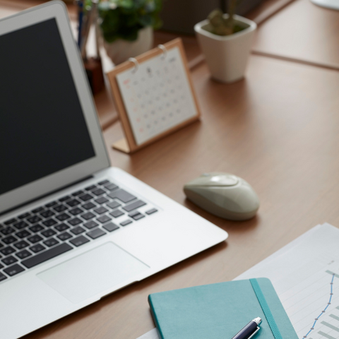 Office desk with laptop, mouse, notebook, plant