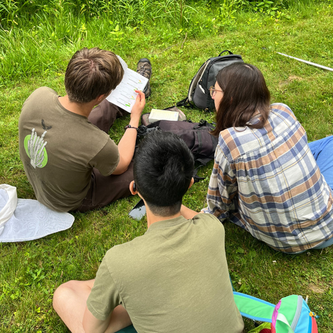 Three students on grass reading textbook together