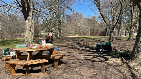 Employee sitting at picnic table