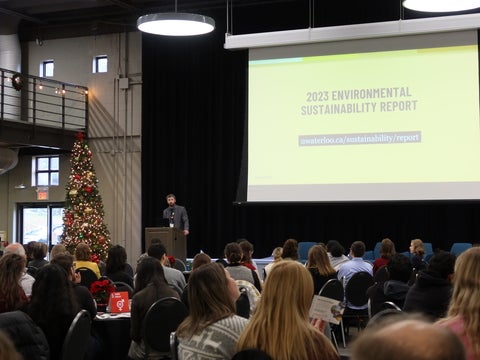 A projector that says 2023 Environmental Sustainability Report