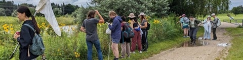 Group of students identifying insects and plants by Columbia Lake