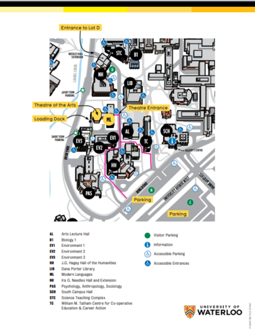 A map of the University of Waterloo with a red line to the Modern Languages building