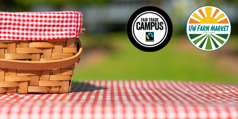 picnic basket on red and white tablecloth