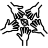 Five hands with leaf in centre line icon