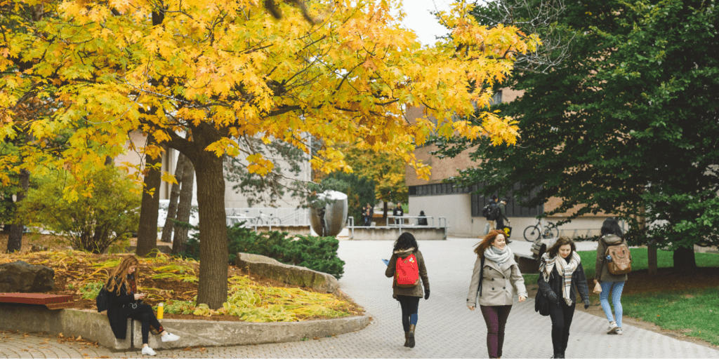 Students walking on main campus with fall foliage in background