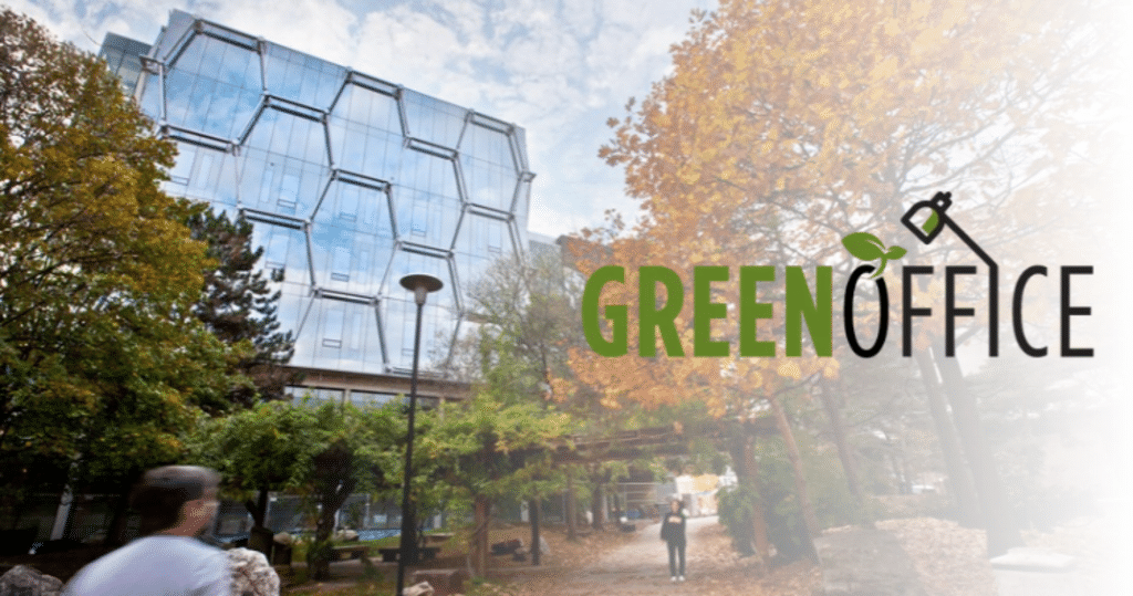 Autumn leaves with a green office logo in front