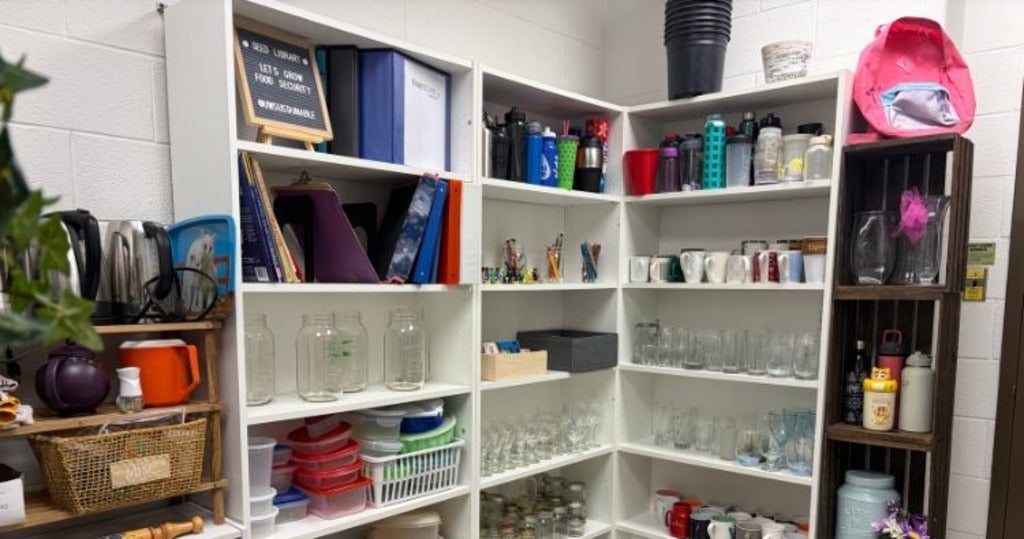Free store with organized shelves with items