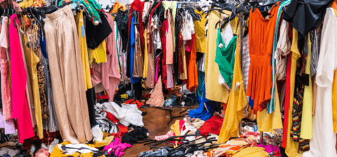 Piles of clothes at warehouse