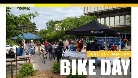 Bike Day 2016 in front of Dana Porter that shows Bike Day June 21 8AM-3PM