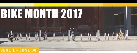 Bike racks and header image with Bike Month 2017 from June 1 to June 30