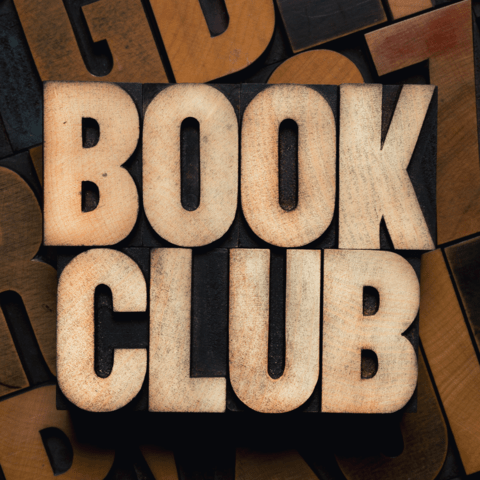 Wooden block letters spelling out "book club"