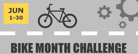 Bike Month Challenge banner, June 1-30 with bicycle and gear icons