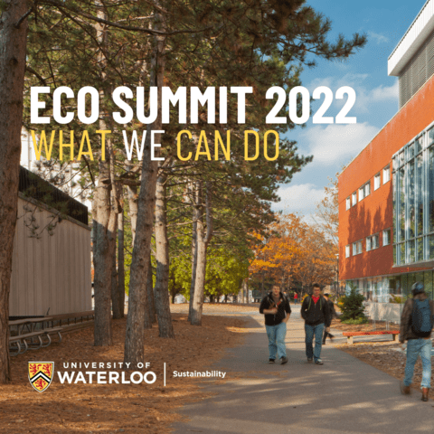 Eco Summit 2022: What We Can Do with UW Sustainability logo in bottom left, background students walking by TC