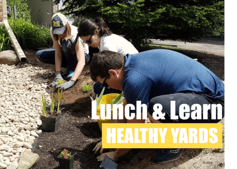 Two women and one man planting a rain garden with text for Healthy Yards Lunch and Learn