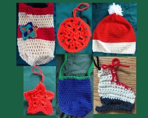 crocheted bags, ornaments and hat