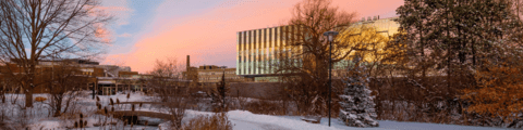The University of Waterloo campus in the winter at dusk