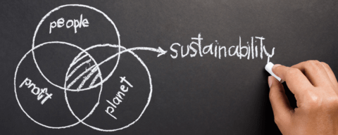 Hand drawing a venn diagram on chalkboard reading people, planet, and profit with sustainability in the middle