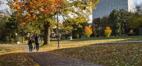 Two students walking along path in fall with DP in background