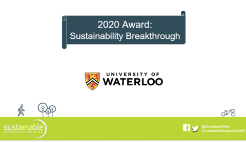 Presentation slide announcing Sustainability Breakthrough Award with University of Waterloo logo